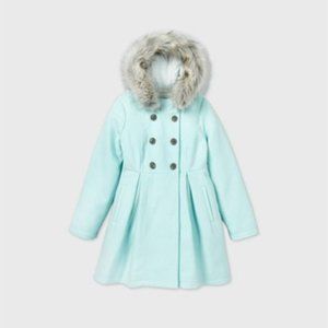 Cat & Jack Girls Mint Blue Pea Coat with Faux Fur Hood